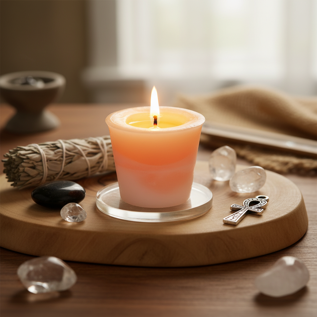 Capture a serene, high-resolution image of the 'Compassion herbal votive - peach' set in a tranquil, softly lit sacred space. Use HDR studio lighting with a gentle softbox to highlight the handcrafted details of the votive's surface, emphasizing its smooth