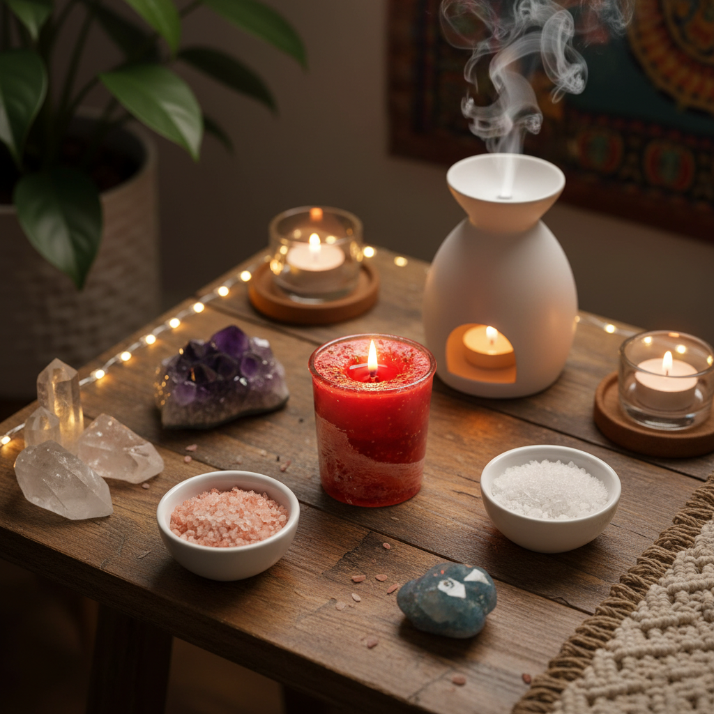 A vivid lifestyle scene featuring the 'House Warming Herbal votive - red brown' candle in a cozy, sacred corner of a home. The image is shot with HDR studio lighting to bring out the rich, deep earth tones and herbal textures of the candle. The camera capt