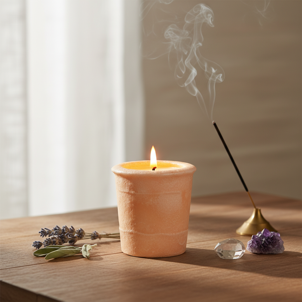 A serene, high-resolution studio shot capturing the 'Mother Soy Herbal Votive' candle holder in a tranquil, sacred environment. The scene features soft, diffused daylight through a sheer curtain, illuminating the textured, earthy ceramic material of the vo