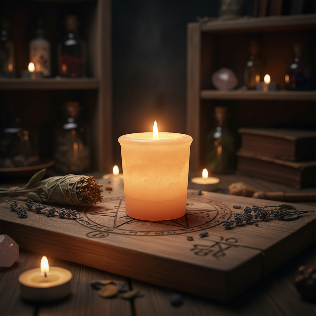 A vibrant, cinematic composition depicting the 'Mother Soy Herbal Votive' as the focal point of a mystical ritual scene. Set in a dimly lit, artistically styled space, the votive holder rests on a rustic wooden altar adorned with mystical symbols, dried he