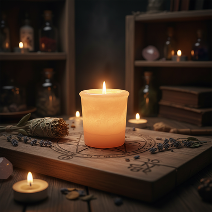 A vibrant, cinematic composition depicting the 'Mother Soy Herbal Votive' as the focal point of a mystical ritual scene. Set in a dimly lit, artistically styled space, the votive holder rests on a rustic wooden altar adorned with mystical symbols, dried he
