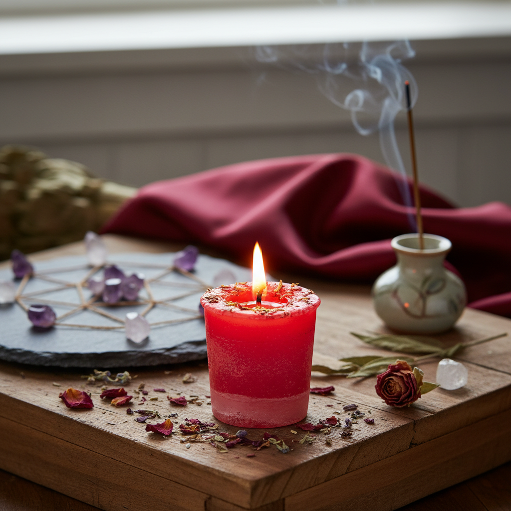 Design a lifestyle-inspired, editorial-style image featuring the Seduction Herbal Votive candle placed on a rustic wooden altar, bathed in soft, diffused daylight through a nearby window. Capture from a slightly elevated angle (around 45 degrees) with a 50