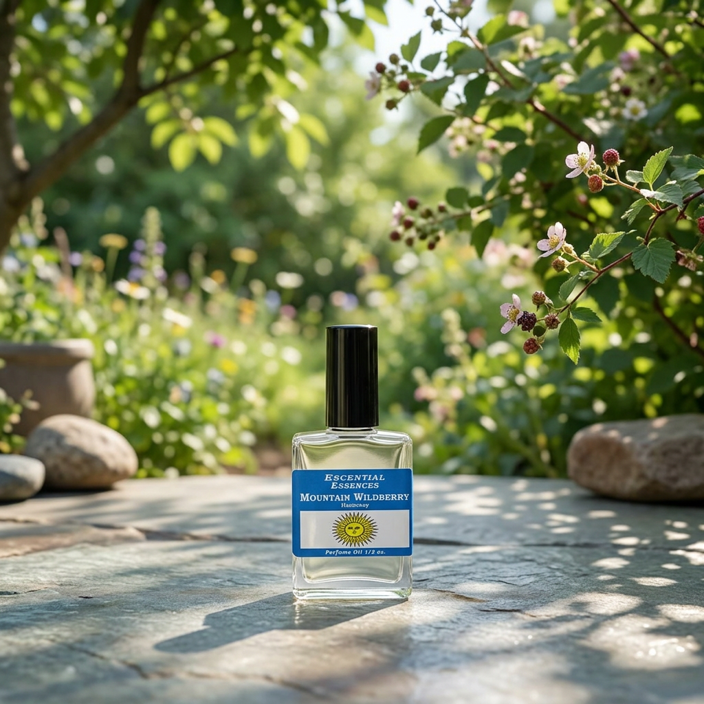 Full-body view of small Mountain Wildberry Perfume Oil in outdoor garden setting on polished stone, highlighting delicate size and luxury.