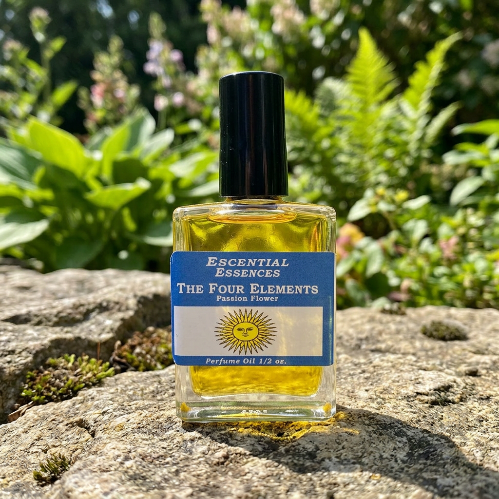 Full-body view of 1/2oz perfume oil bottle from Escential Essences standing upright on a natural stone surface outdoors, illuminated by bright daylight with lush greenery in the background.