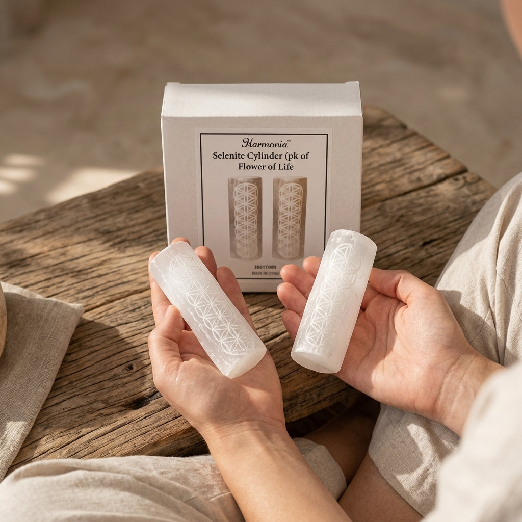 Balanced pair of 4-inch selenite harmonizers held in hands on wooden surface in a calming meditation space with natural light.