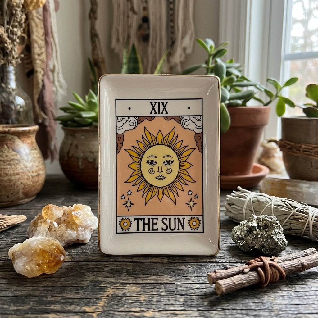 Full-body shot of Sun Tarot Energy Dish on rustic altar surrounded by crystals and natural elements, highlighted by bright daylight.