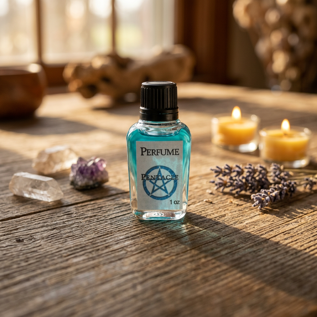 Full-body shot of 1oz Pentacle perfume on rustic wooden table indoors, surrounded by candles and crystals, emphasizing grounding and ritual.