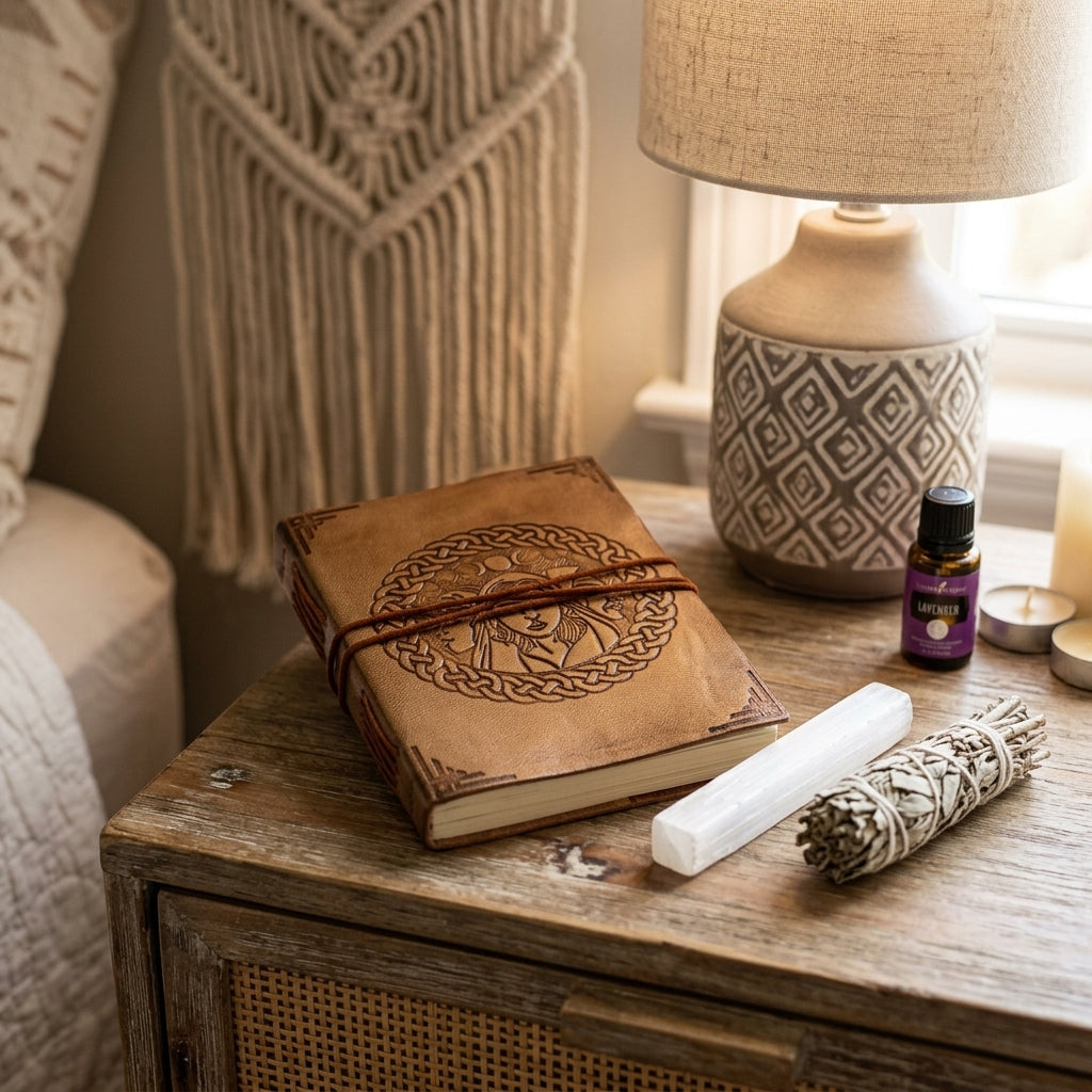 Realistic scene of the portable Triple Goddess Leather Journal on a bohemian bedside table with ritual tools in a tranquil home setting.