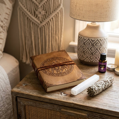 Realistic scene of the portable Triple Goddess Leather Journal on a bohemian bedside table with ritual tools in a tranquil home setting.