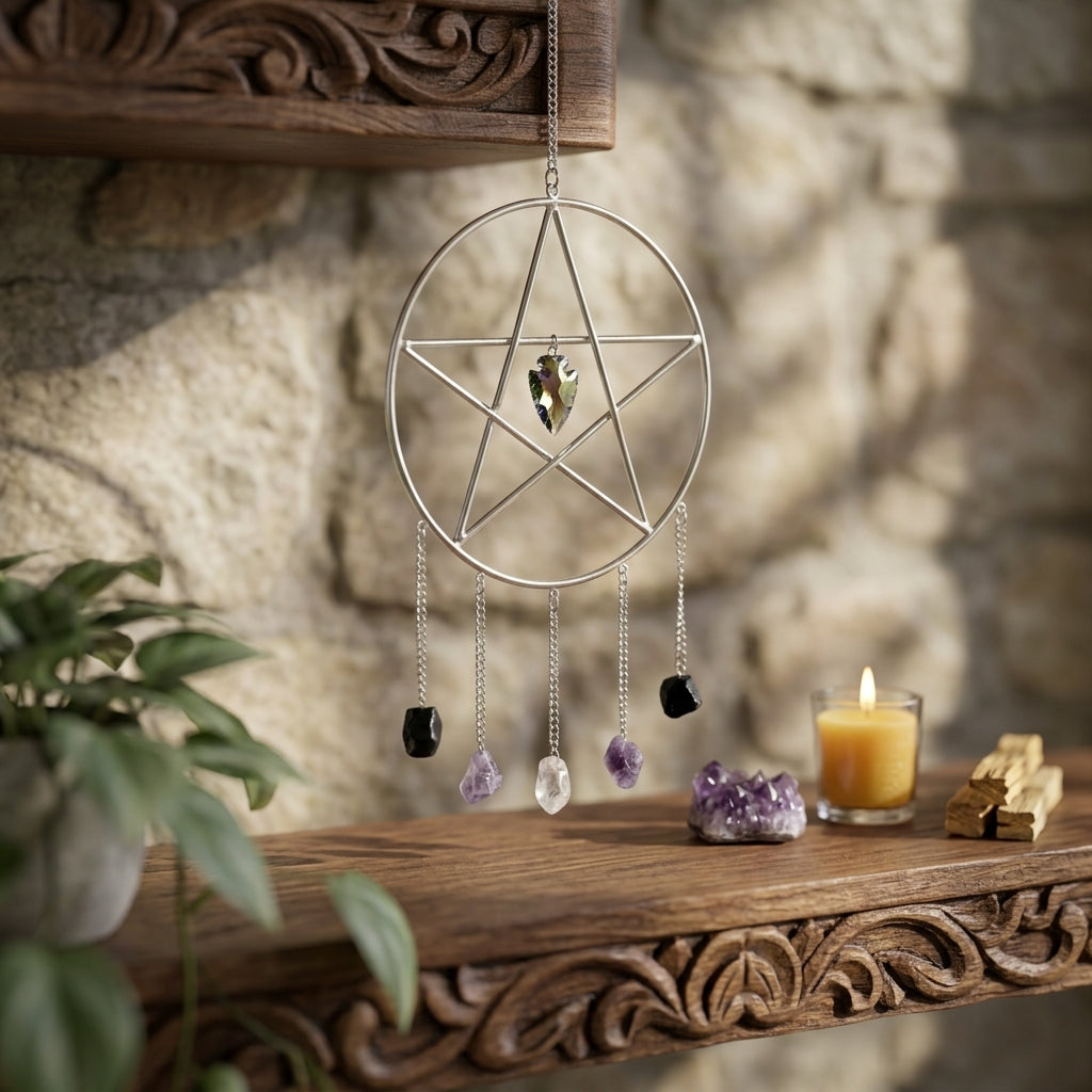 Small pentagram wall hanging on rustic stone wall in a sunlit garden, highlighting spiritual symbolism and delicate size.