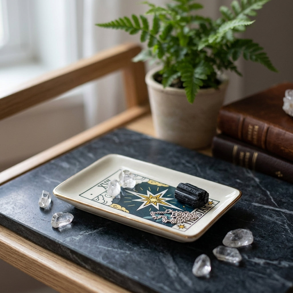 Full-body shot of petite Star Tarot Dish on minimalist altar with crystals, plants, and calming decor.