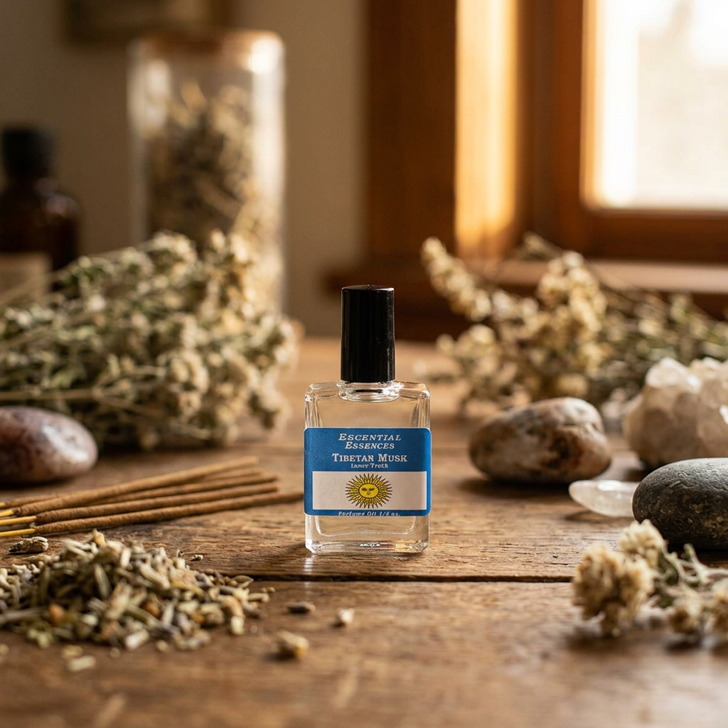 Full-body view of small Tibetan Musk Essential Oil bottle on rustic wooden table, surrounded by herbal elements and natural stones in warm, serene environment.