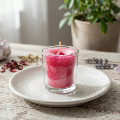 Full-body view of a small pink Love Herbal Votive Candle in a glass holder on a rustic ceramic plate in a calm, herbal space.