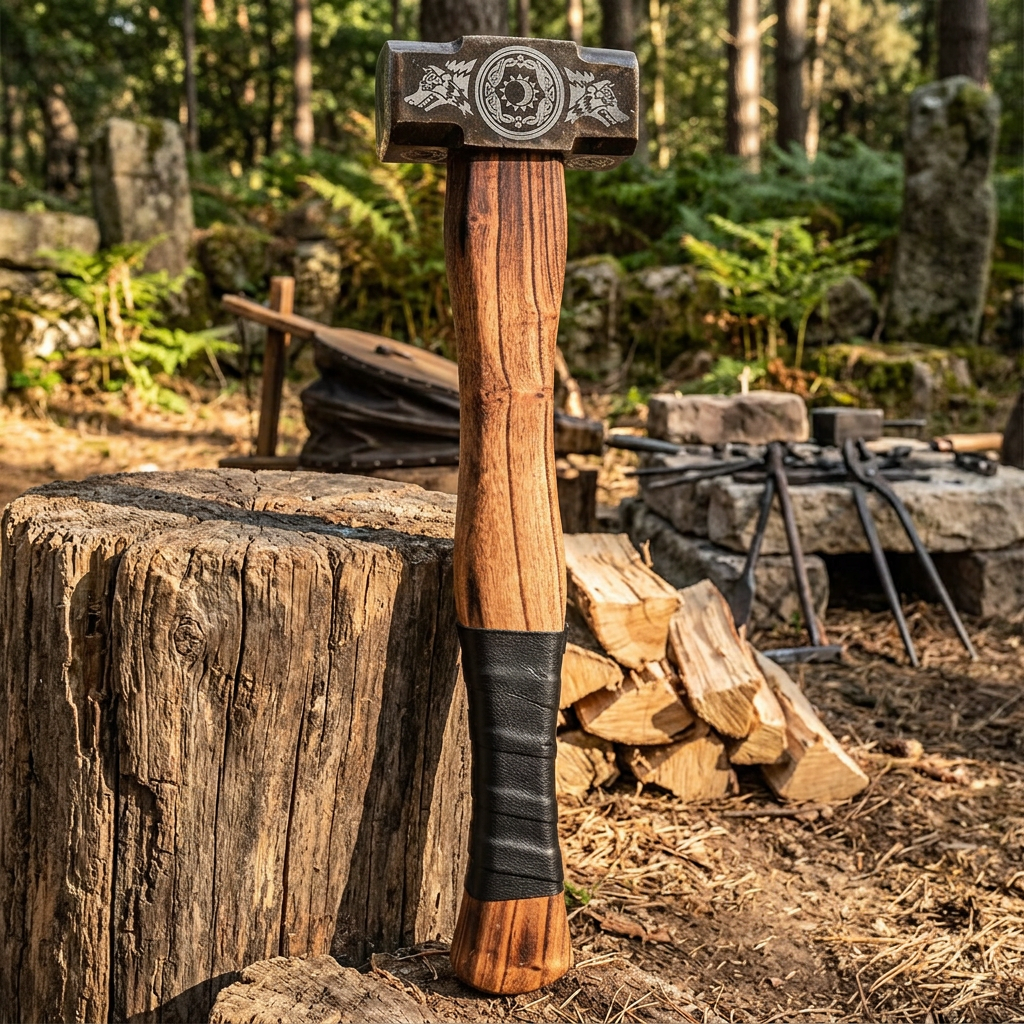 Full-body view of the 18-inch Viking hammer standing upright against a rustic wooden background, showcasing craftsmanship and detailed Damascus head.