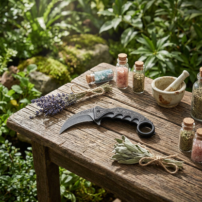 Full-length scene of a black folding pruning blade leaning against a rustic wooden table in a lush botanical garden, showcasing craftsmanship and versatility.