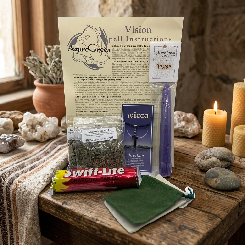 Full view of the Vision Ritual Kit on a cozy altar with earthy tones, stones, candles, and soft natural light creating an intimate ritual environment.