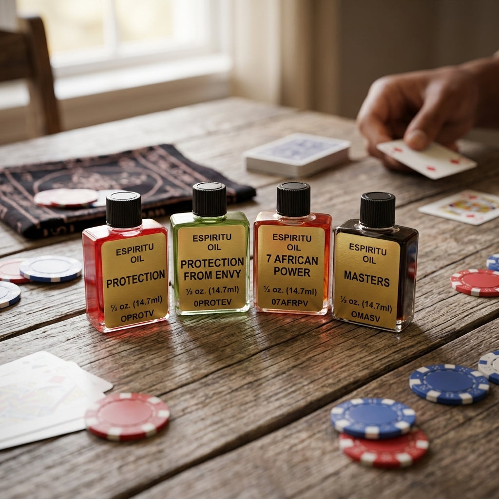 Small Gamblers Oil 4 Dram bottle on rustic table with gambling chips, cards, and ritual cloth in warm natural lighting.