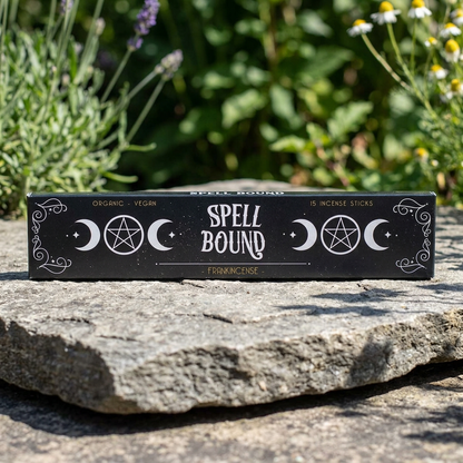 Close-up of a 15/pk Spell Bound stick box on natural stone outdoors in a garden setting, with foliage and flowers in the background, showcasing texture and natural ambiance.