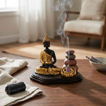 Gold and black Buddha cone burner on reflective wooden surface in a peaceful meditation room, highlighting intricate textures and serene ambiance.