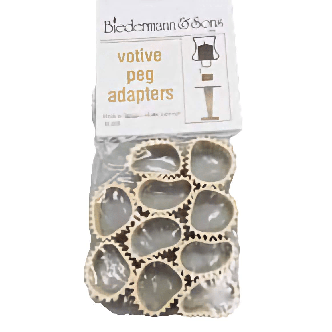 10-pack rubber votive peg adapters for securing candle holders.