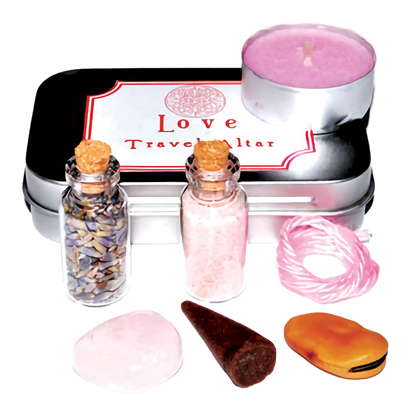 Love Spell Travel Altar Kit with pink candle, crystals, herb blend, incense cone, and pink cord for manifesting love.