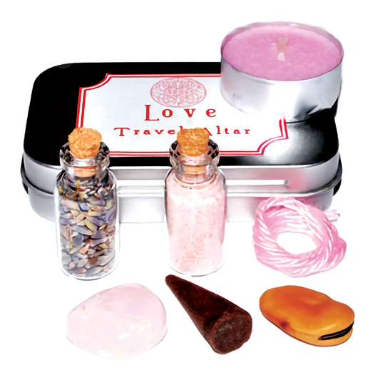 Love Spell Travel Altar Kit with pink candle, crystals, herb blend, incense cone, and pink cord for manifesting love.