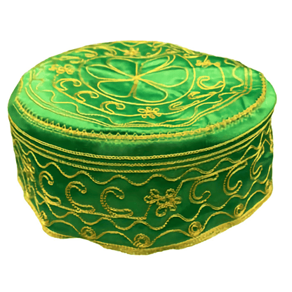 Bright green and yellow Orula Kufi hat with intricate gold embroidery.