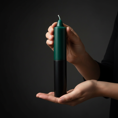 Green/Black Pillar Candle, 9", held in hand