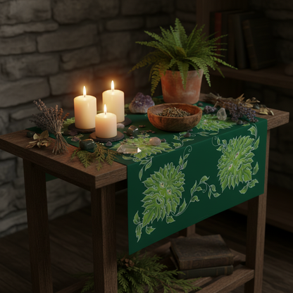Green Man Caftan 3 ft Square, styled on altar