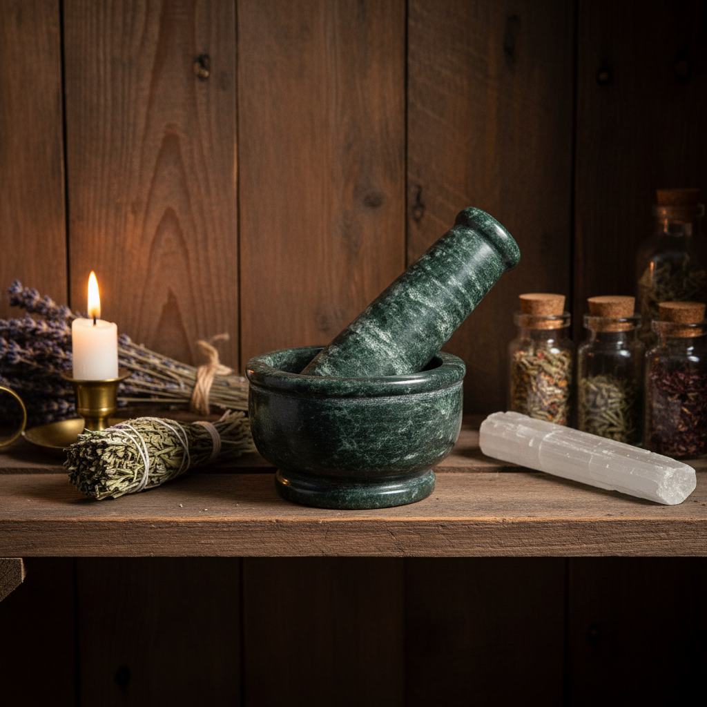 Green Marble Mortar and Pestle Set, 4", styled on altar