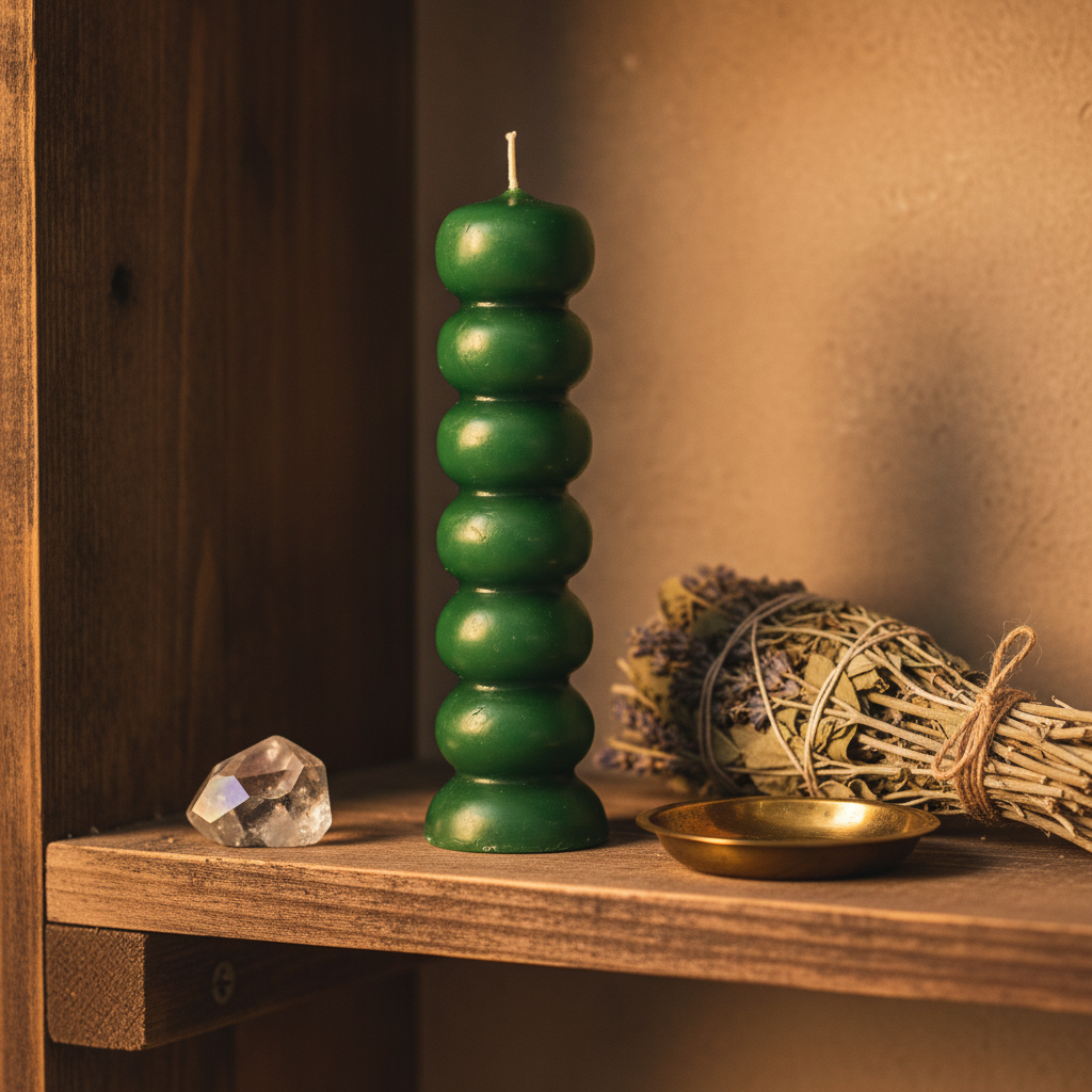 Green Seven Knob Candles, 6 1/2 Inches, styled on altar