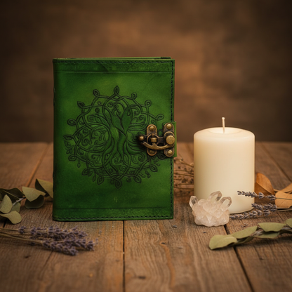 Green Tree of Life Leather Journal with Latch, 5" x 7", styled on altar