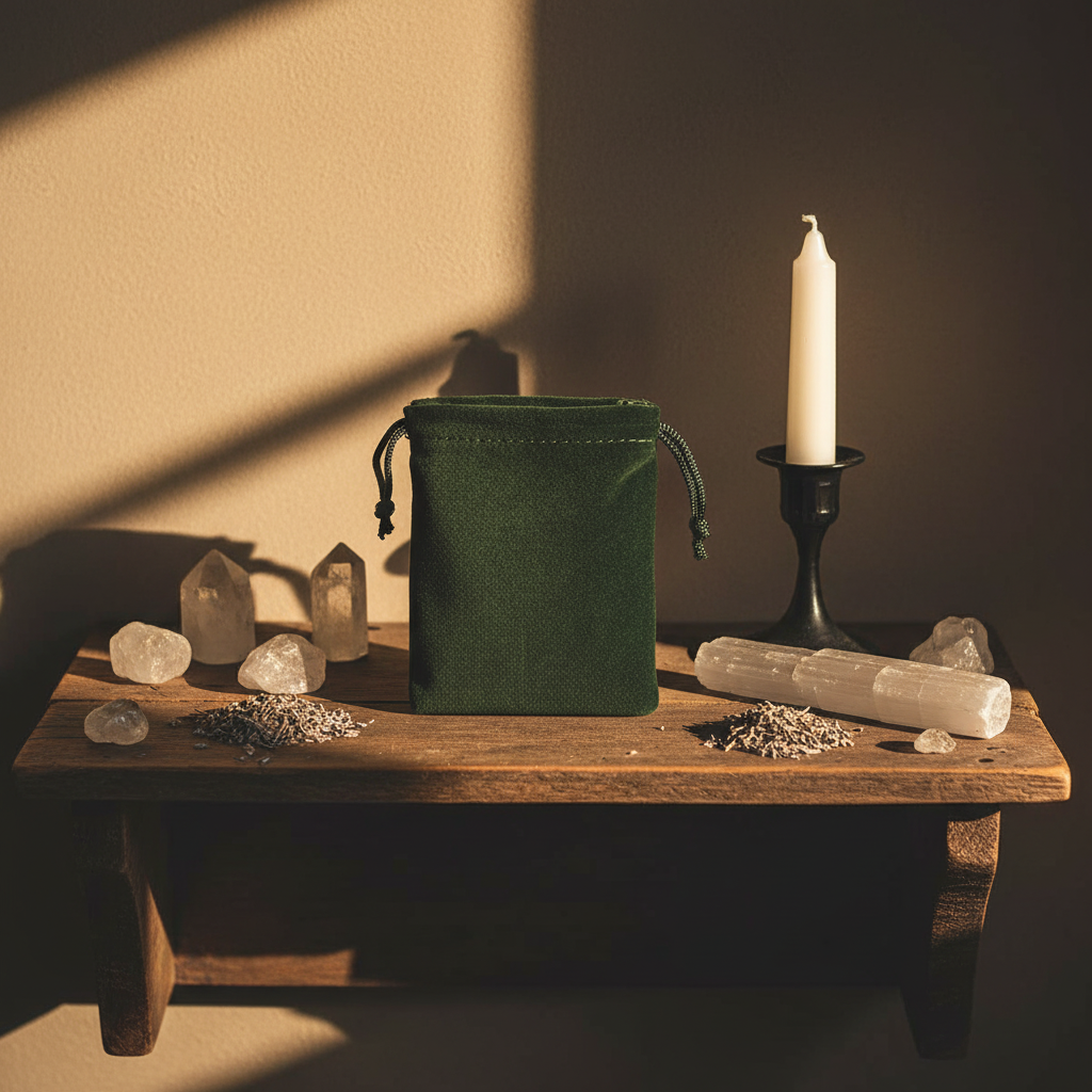 Green Velveteen Bag, 2 x 2.5 Inches, styled on altar
