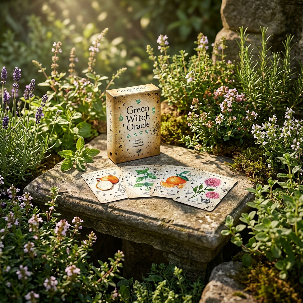 Full-body shot of Green Witch Oracle Cards on an antique stone altar in a serene garden, highlighted by warm sunlight and surrounded by blooming plants.