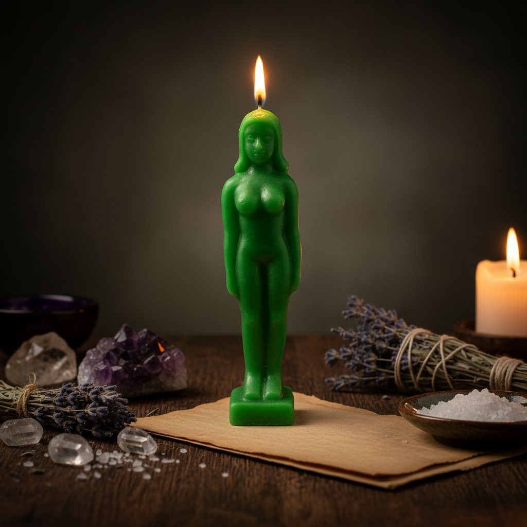 Green Woman Candle, 6 3/4", styled on altar