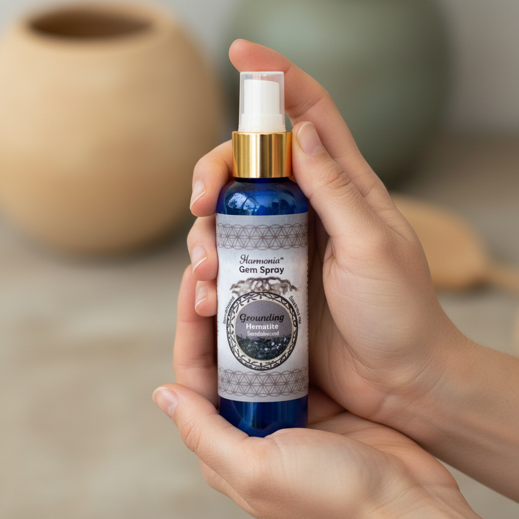 Grounding Hematite Sandalwood Gem Spray, 150ml, held in hand