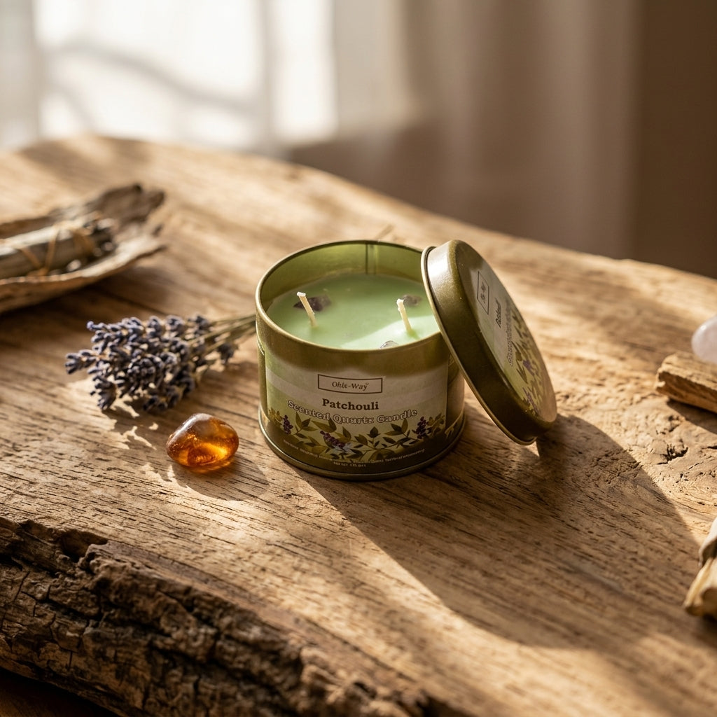 Petite Patchouli Quartz Candle on a wooden altar with natural light highlighting earthy tones and embedded quartz chips.
