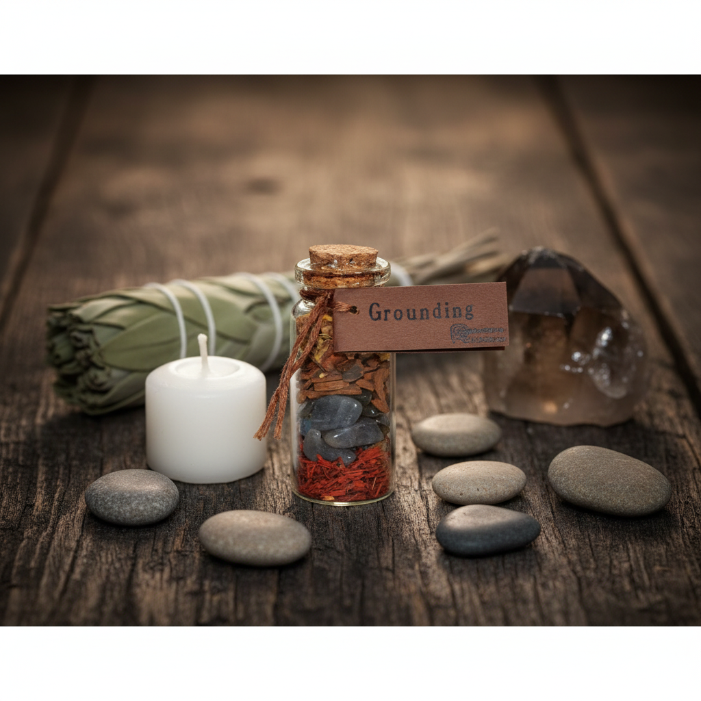 Grounding Pocket Spellbottle, 2 Inches, styled on altar