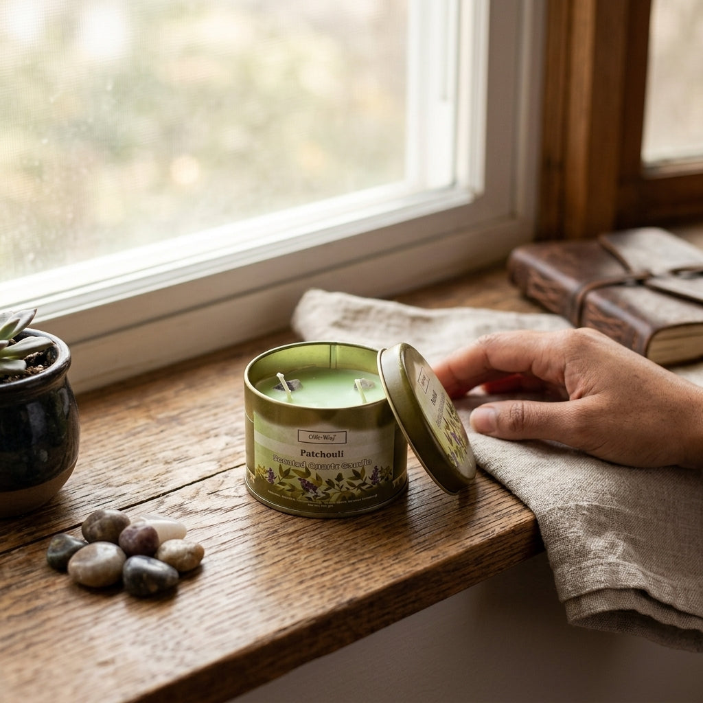 Small Patchouli Candle in a cozy natural setting with warm natural light and earthy ambiance.