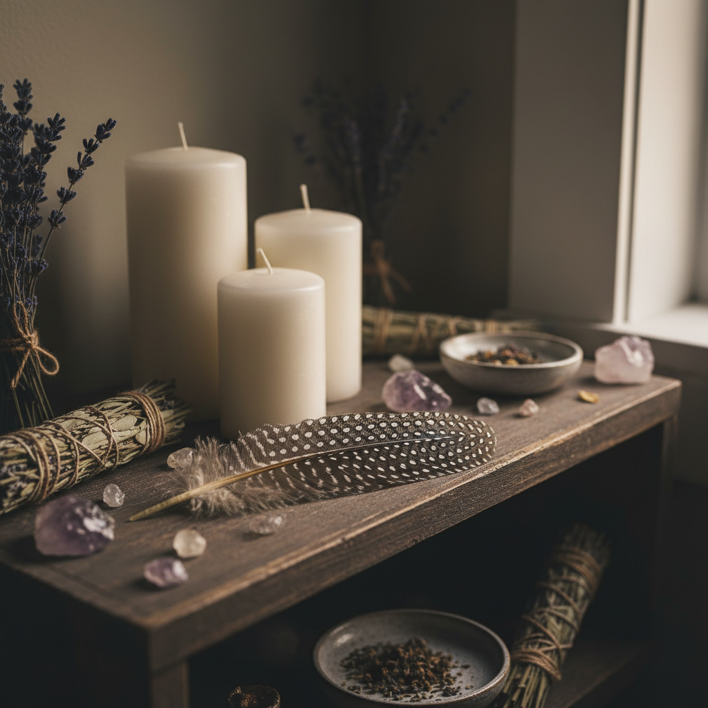 Guinea Hen Wing Feather, styled on altar