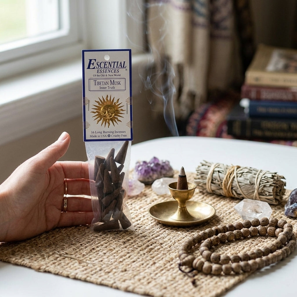 Artistic image of tiny Tibetan Musk incense cone on fiber mat with ritual objects like brass holder and sage bundle.