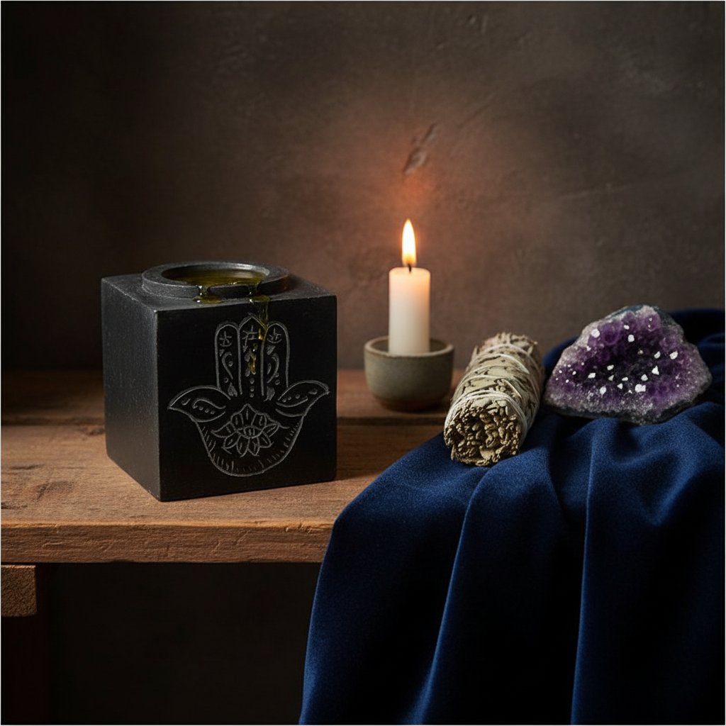 Hand Soapstone Oil Diffuser, 3" Square, styled on altar