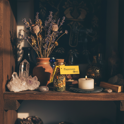 Happiness Pocket Spellbottle, 2 Inches, styled on altar