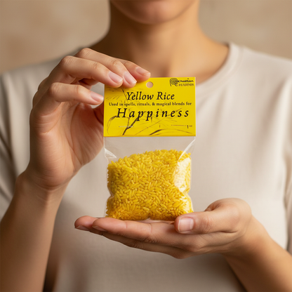 Happiness Yellow Rice, 1 oz Bag, held in hand