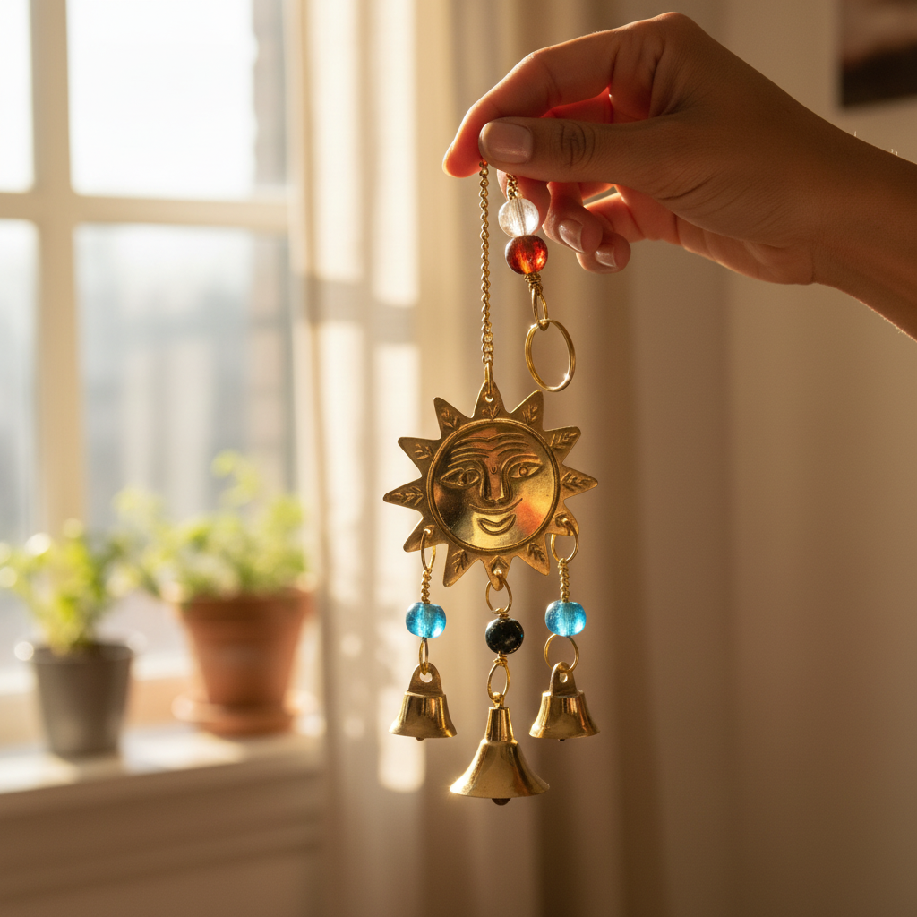 Happy Sun Wind Chime, 10", shown in use