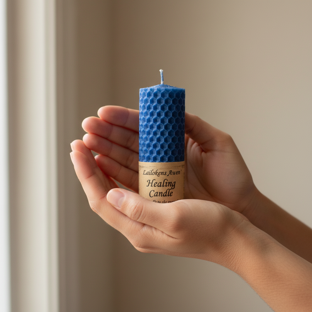 Healing Lailokens Awen Candle, 4 1/4", held in hand