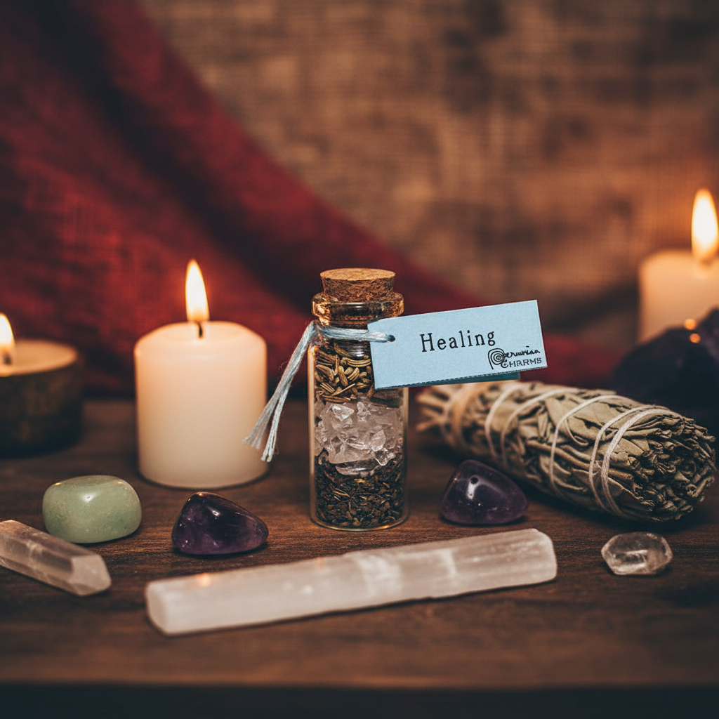 Healing Pocket Spellbottle, 2 Inches, styled on altar