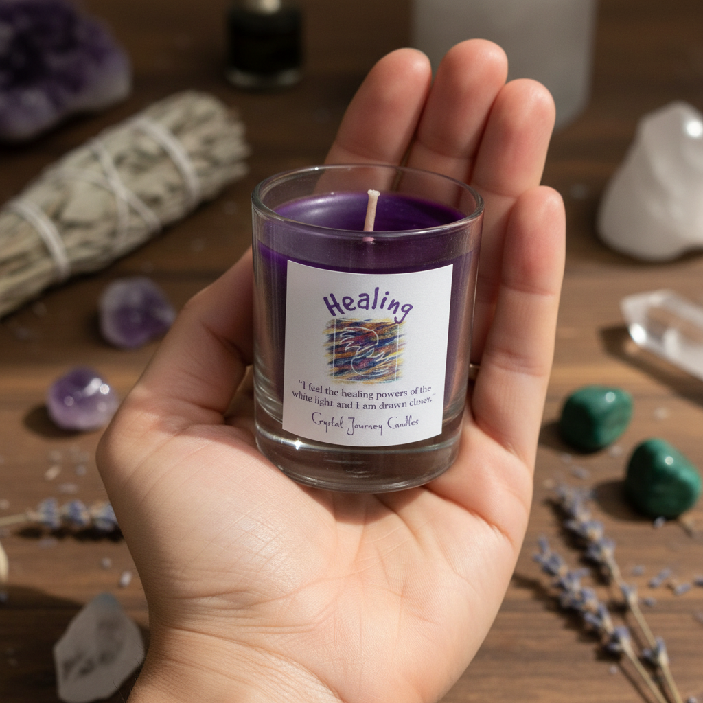 Healing Soy Votive Candle, held in hand