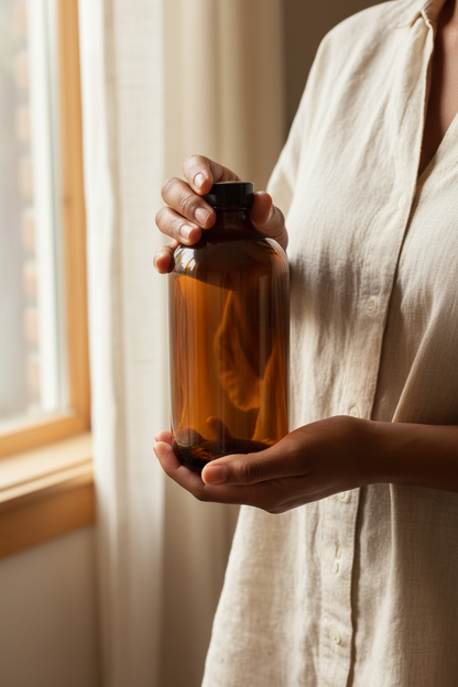 Held in Hands — Amber Glass Bottle