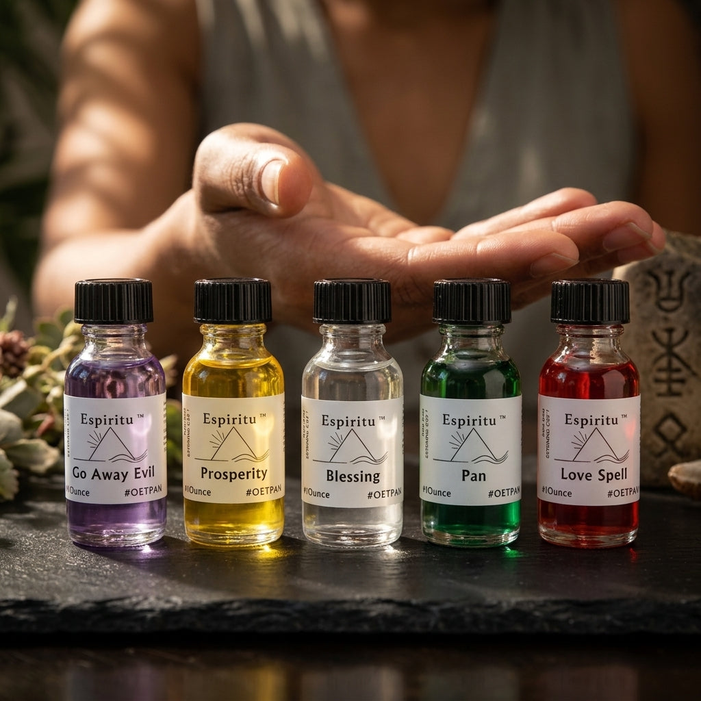 Small heliotrope oil bottle on reflective surface with botanical and ritual symbols in soft lighting.